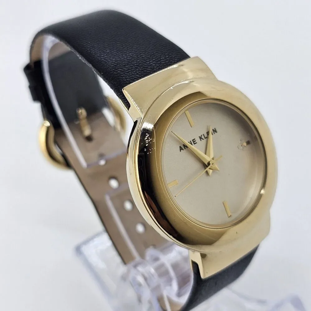 Anne Klein Women's Watch 36MM Gold Dial Black Leather Band‎ Straps New Battery